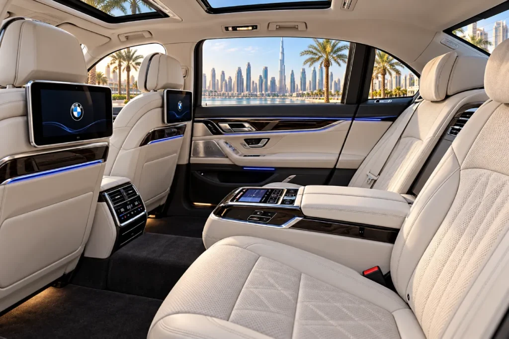 BMW 735 Li with driver in dubai interior