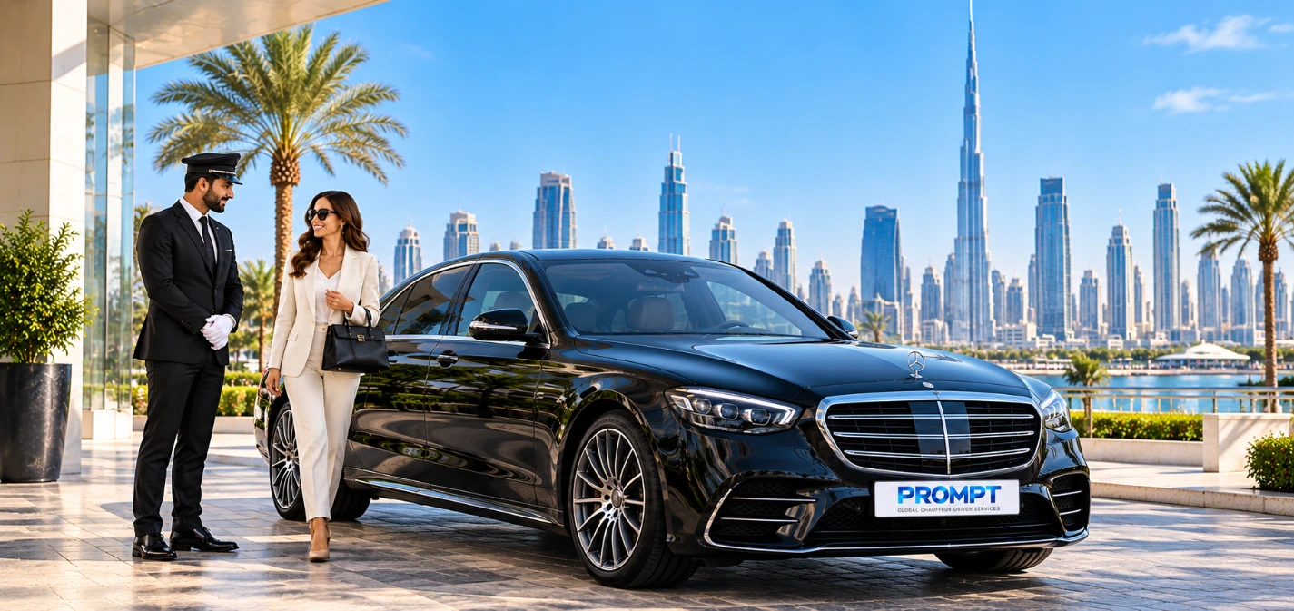 Prompt Limo chauffeur welcoming a guest on arrival at Dubai airport beside a Mercedes-Benz