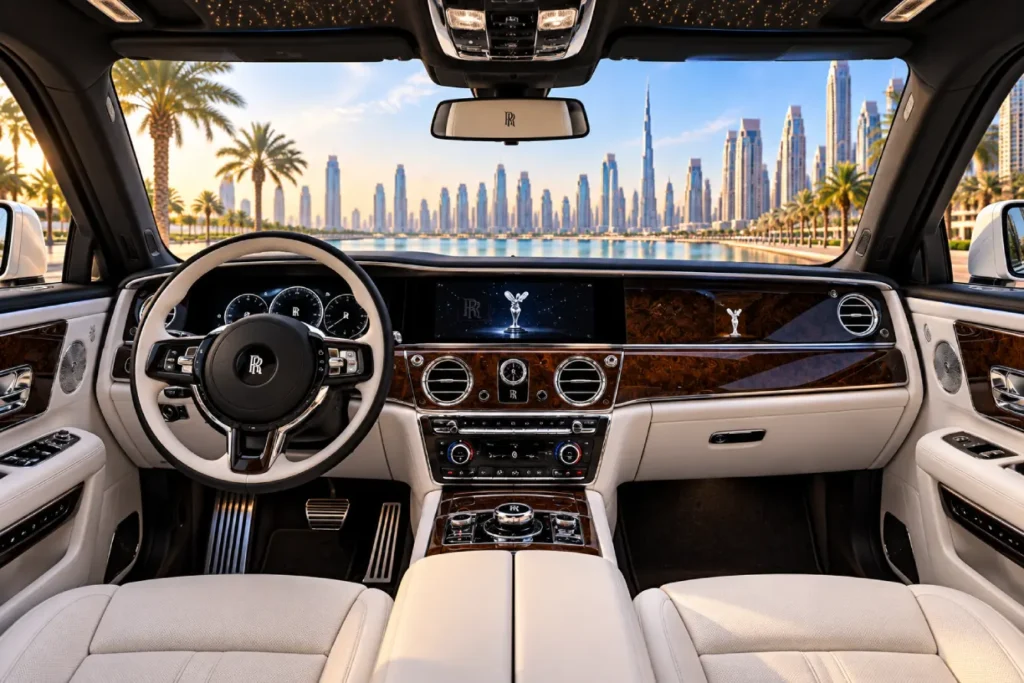 Rolls-Royce Interior Overlooking Dubai skyline
