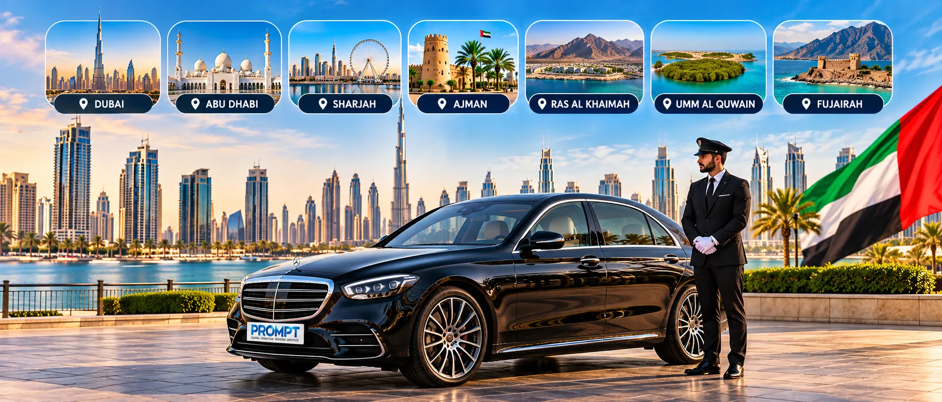 Prompt Limo chauffeur-driven car in front of Burj Khalifa, Dubai, for a 5-hour rental