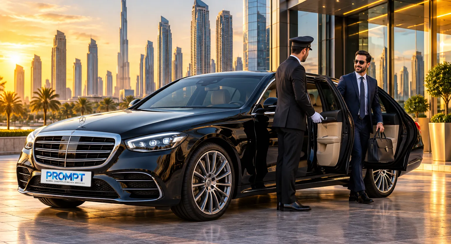 Chauffeur opening the car door for a business passenger in Dubai